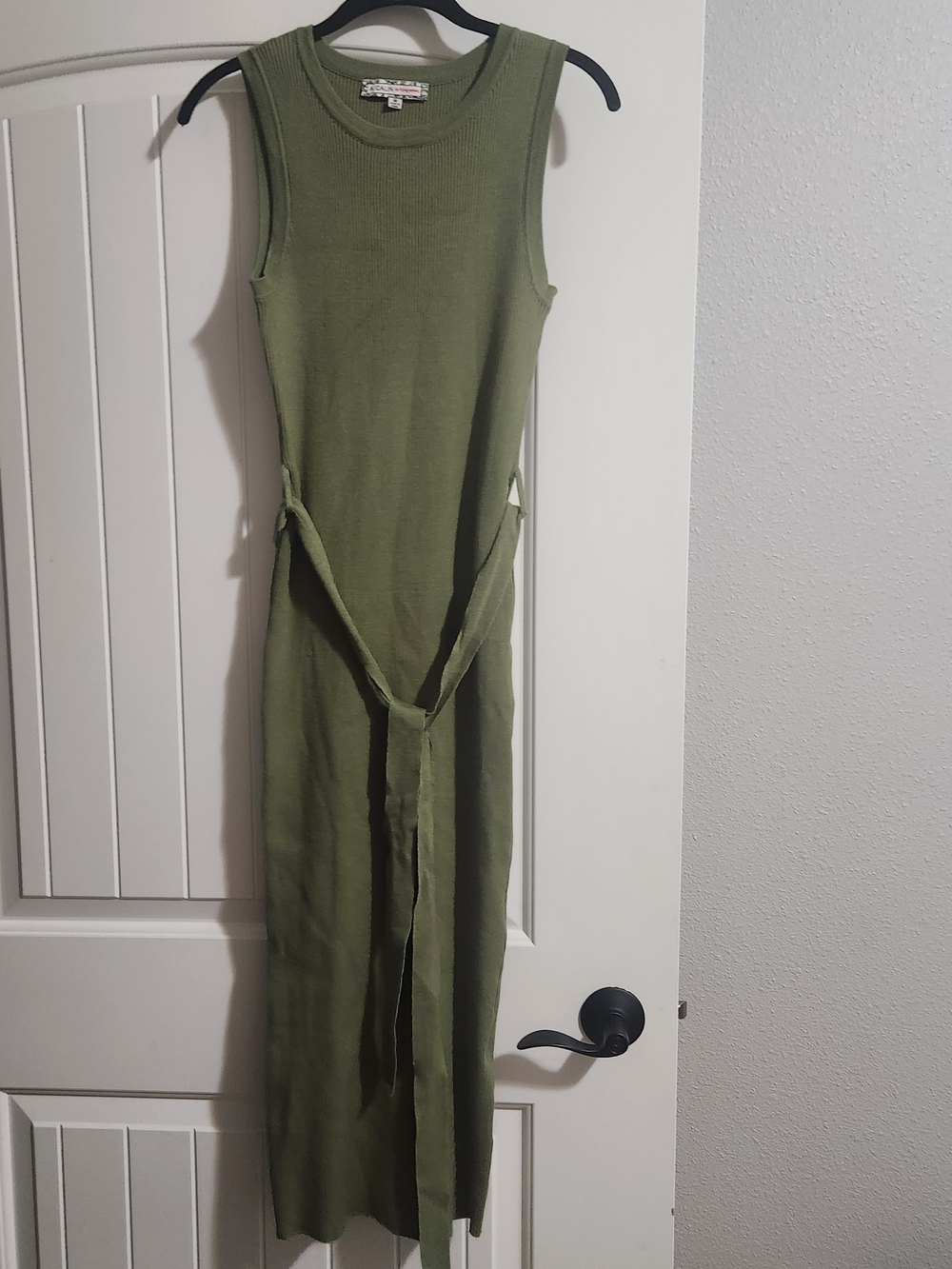 Flying Tomato Olive Green Sleeveless Ribbed Maxi Dress with Tie Waist